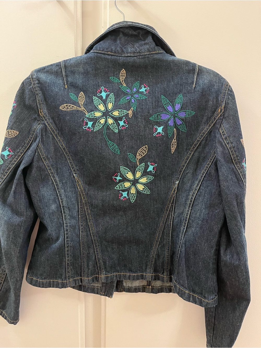 Jones Wear Dark Blue Denim Jacket with Multicolor Floral Embroidery - Size 12